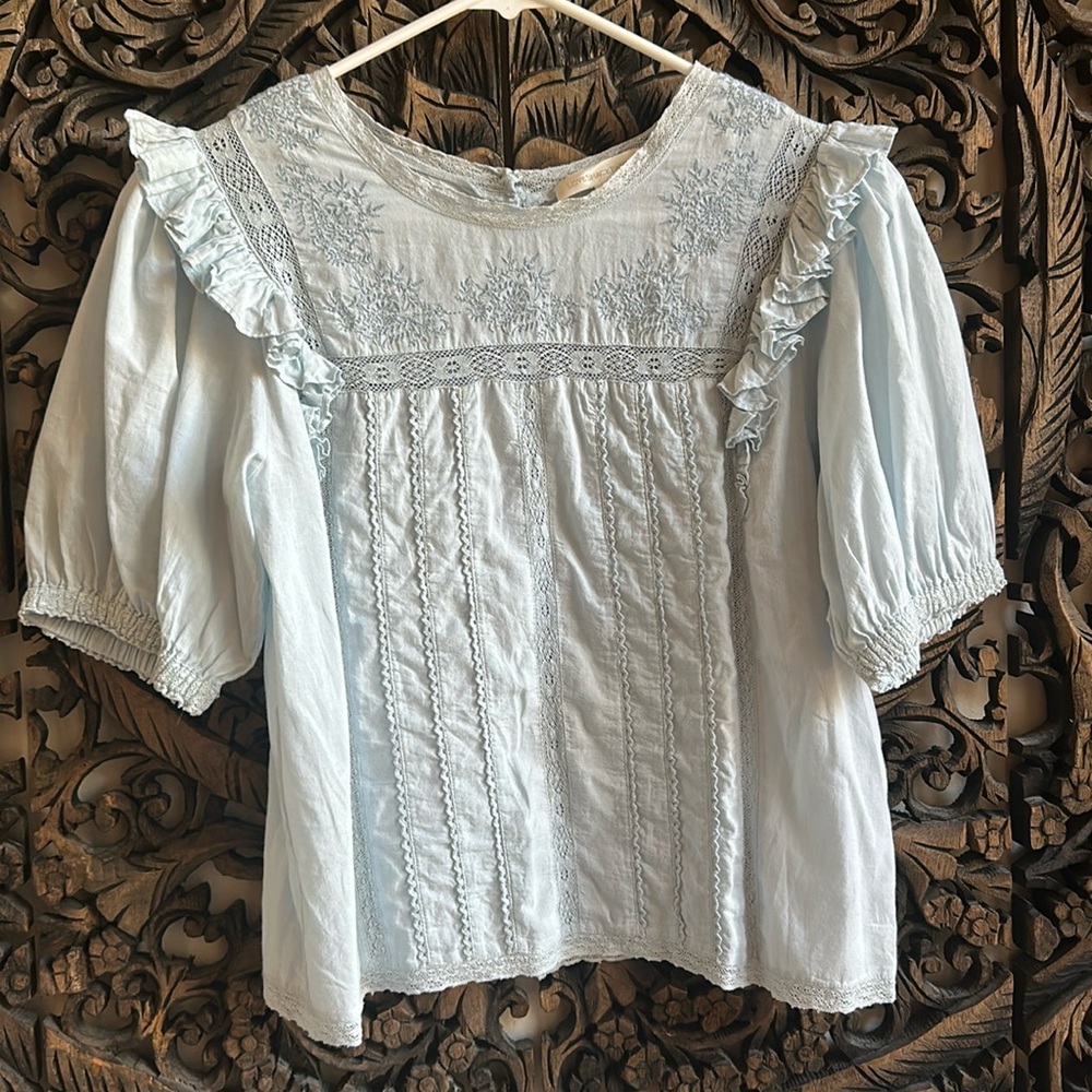 LoveShackFancy beautiful cotton embroidered, lace, ruffle short sleeve blouse